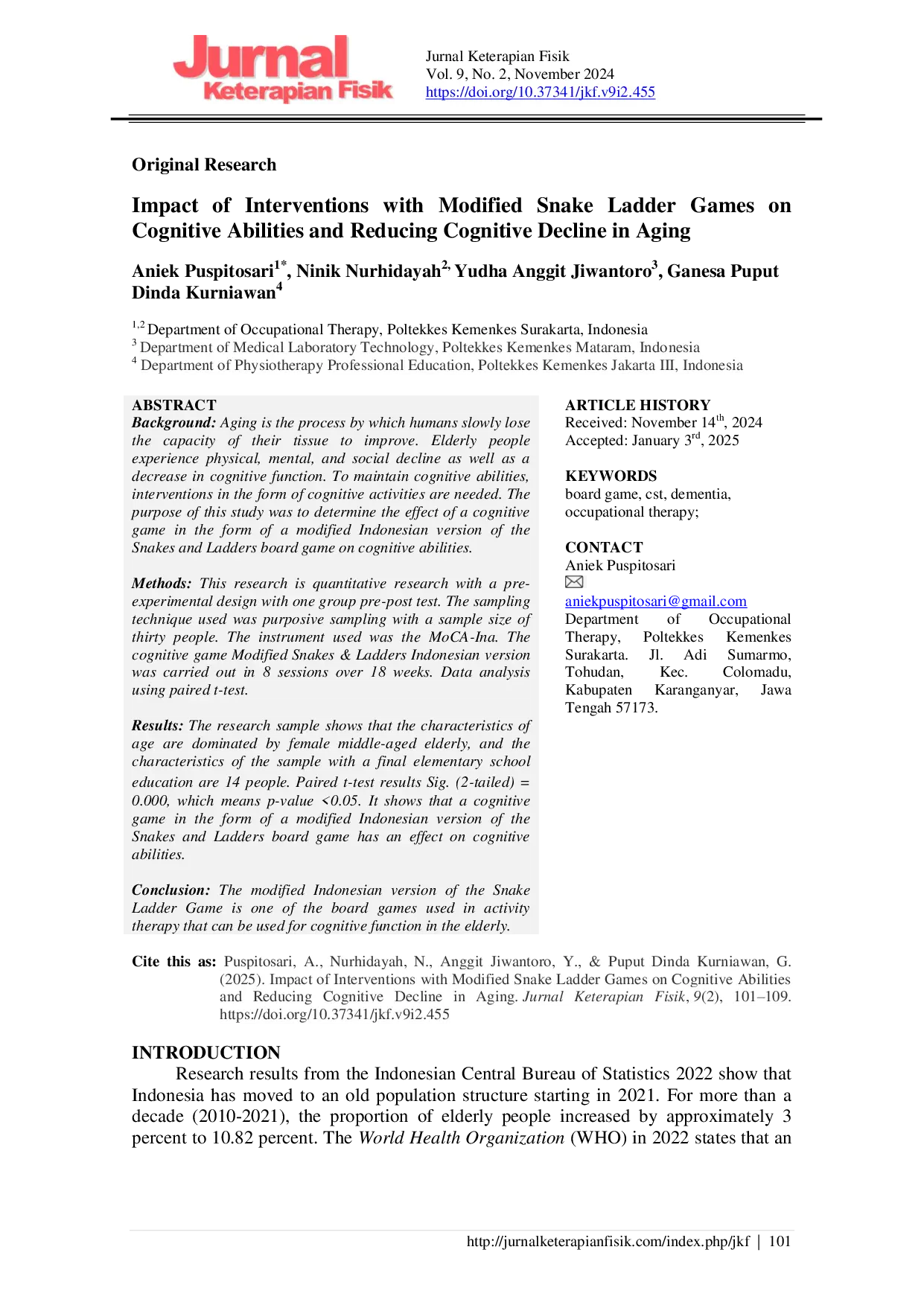JURIS Impact of Interventions with Modified Snake Ladder Games on Cognitive Abilities and Reducing Cognitive Decline in Aging