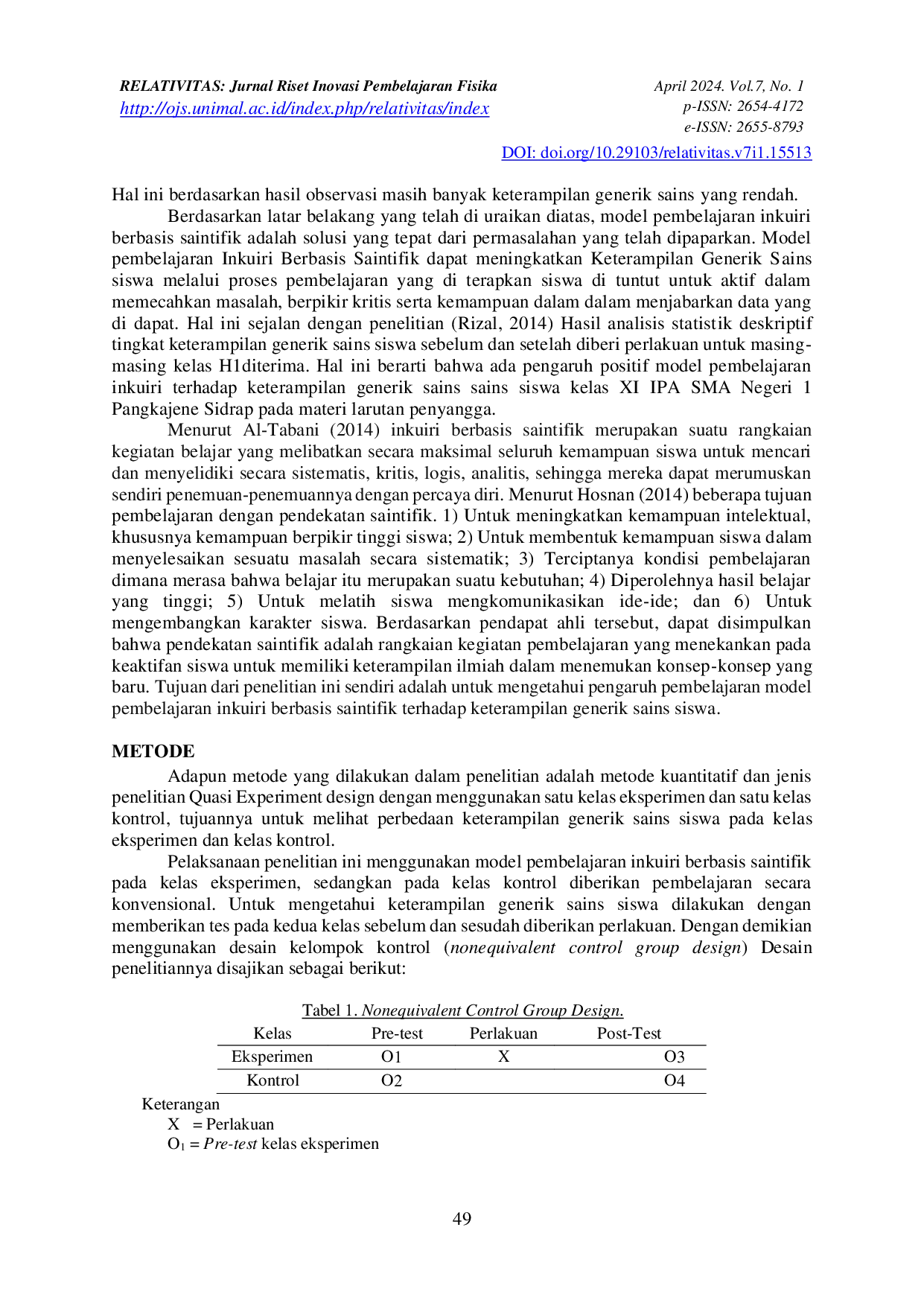 JURIS Pengaruh Model Pembelajaran Inkuiri Berbasis Saintifik Terhadap Keterampilan Generik Sains Siswa Kelas VIII Di Mts Swasta Syamsuddhuha