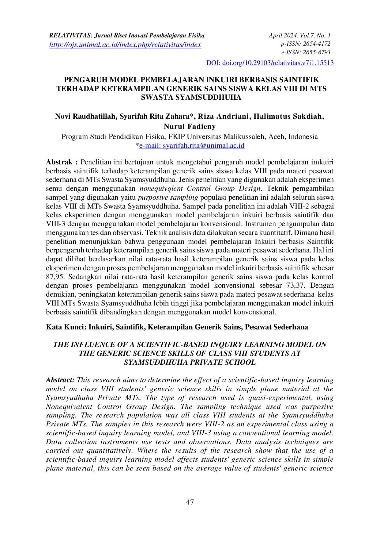 JURIS Pengaruh Model Pembelajaran Inkuiri Berbasis Saintifik Terhadap Keterampilan Generik Sains Siswa Kelas VIII Di Mts Swasta Syamsuddhuha