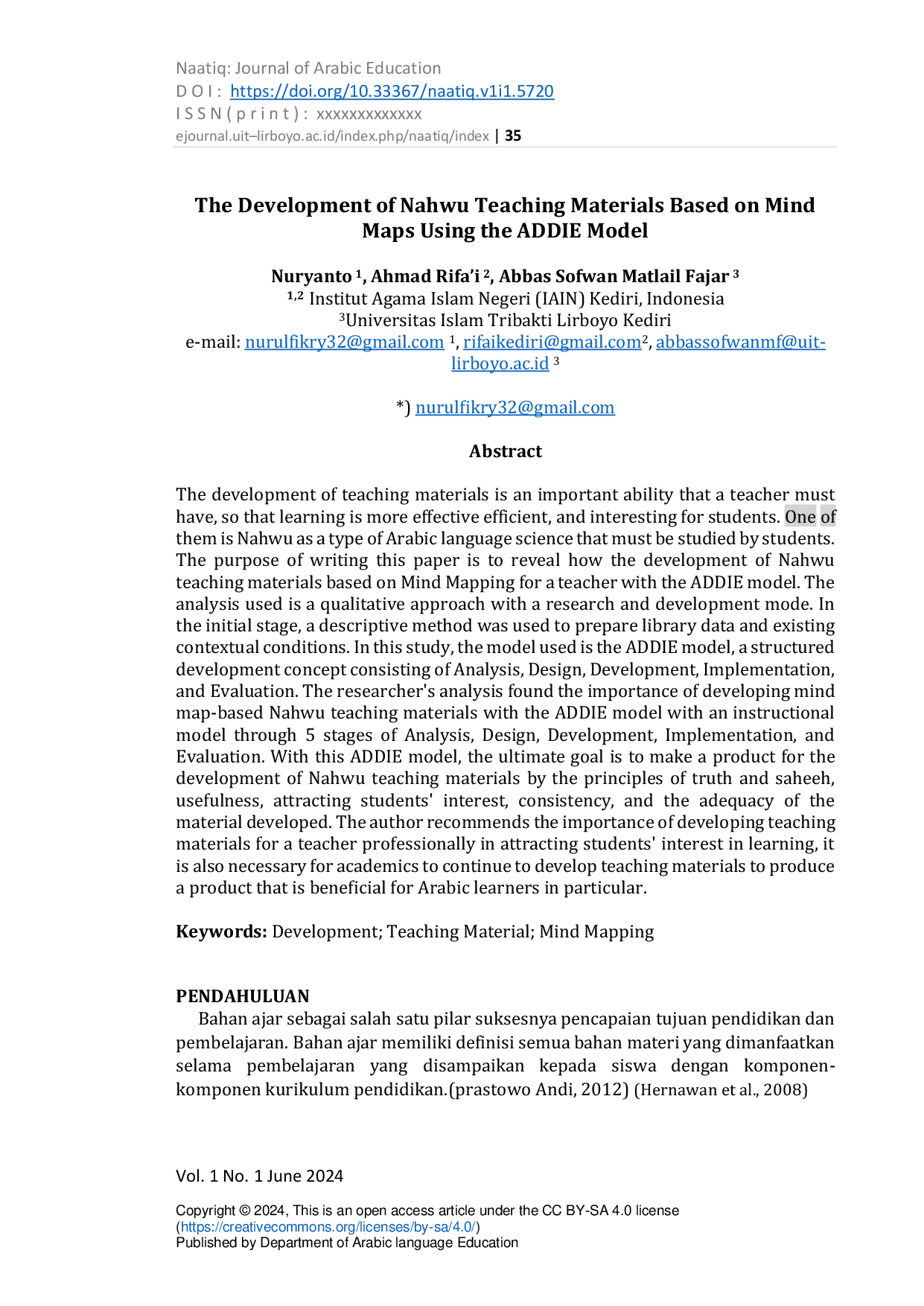 JURIS The Development of Nahwu Teaching Materials Based on Mind Maps Using the ADDIE Model