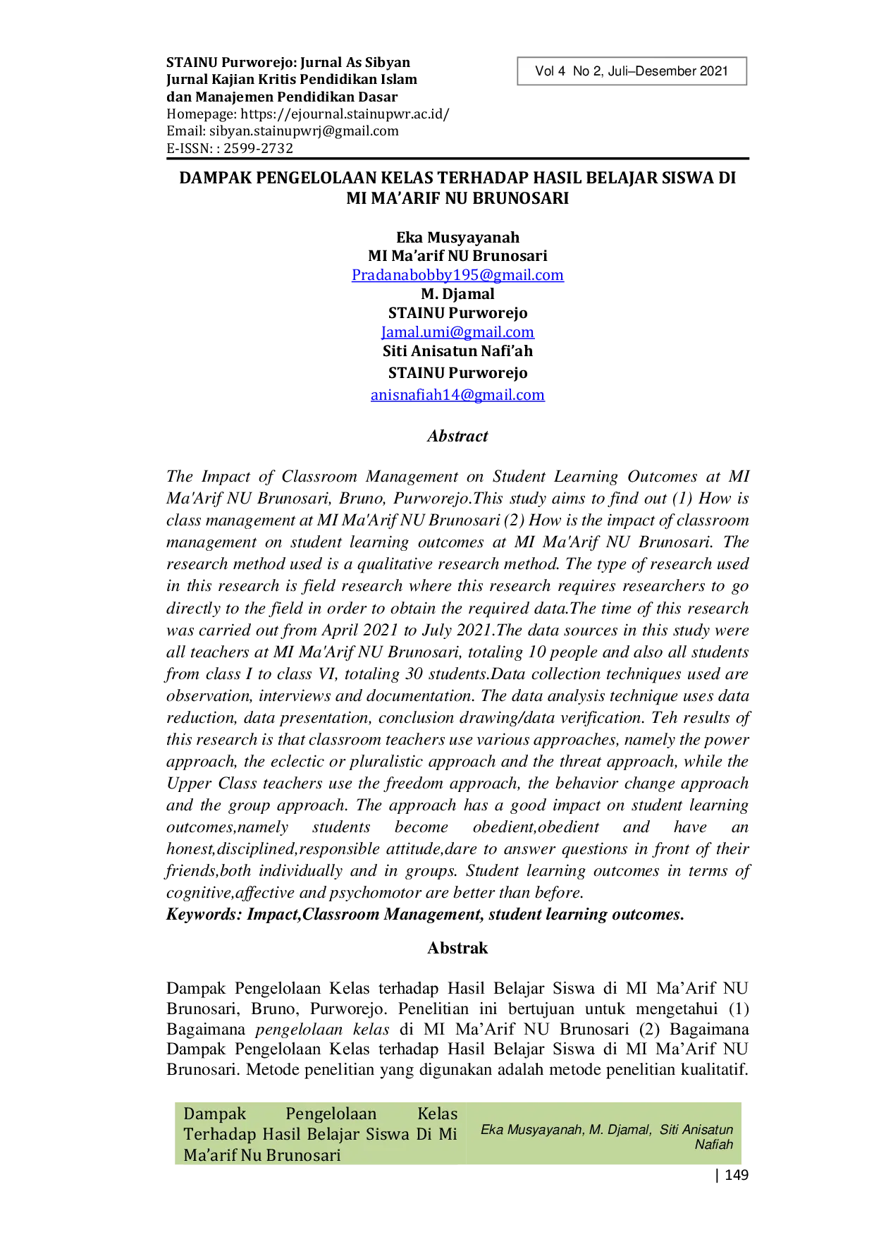 JURIS Dampak Pengelolaan Kelas Terhadap Hasil Belajar Siswa Di Mi Ma arif Nu Brunosari