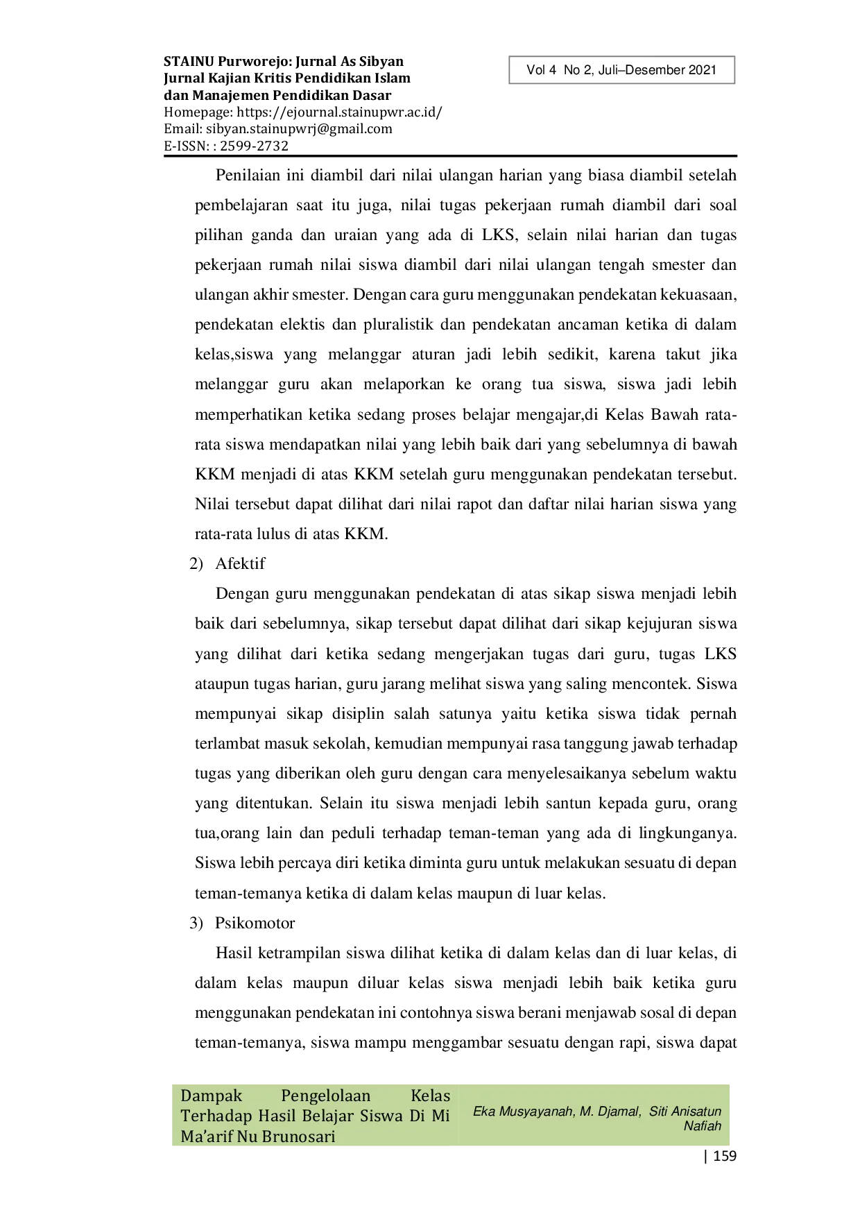 JURIS Dampak Pengelolaan Kelas Terhadap Hasil Belajar Siswa Di Mi Ma arif Nu Brunosari