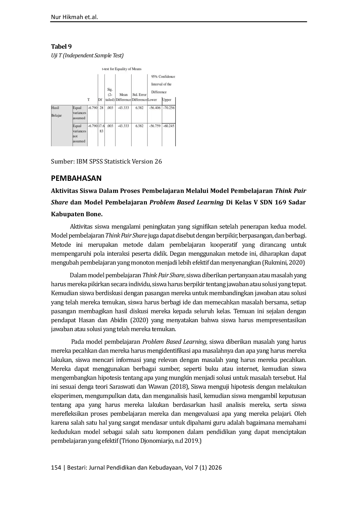 JURIS The Effect of the Think Pair Share and Problem Based Learning Models on the Indonesian Language Learning Outcomes of Fifth Grade Students at SDN 169 Sadar Pengaruh Model Think Pair Share dan Problem