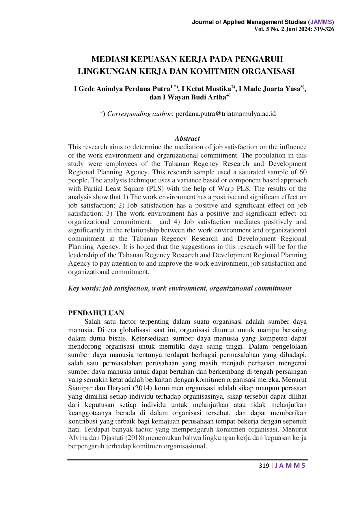 JURIS Mediasi Kepuasan Kerja pada Pengaruh Lingkungan Kerja dan Komitmen Organisasi
