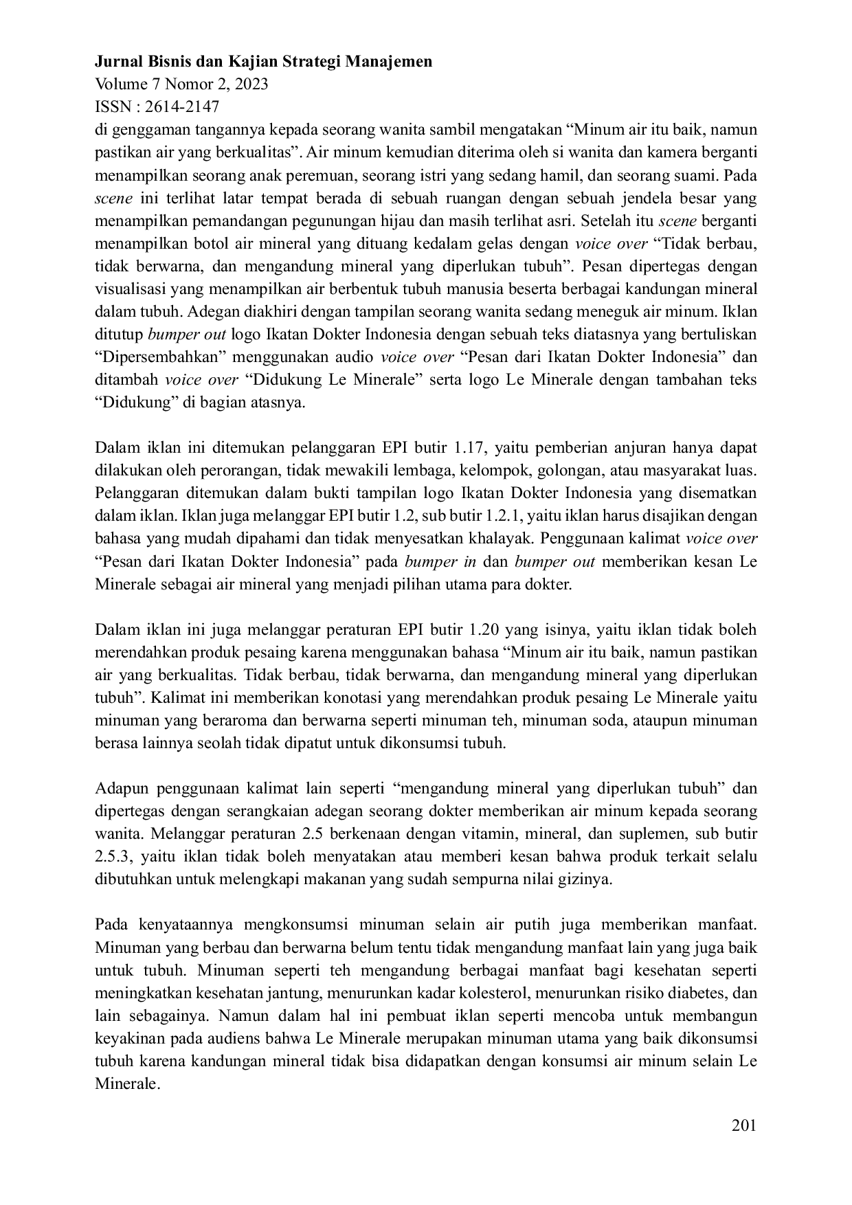 JURIS Analisis Pelanggaran Etika Pariwara Indonesia dalam Iklan Le Minerale versi Pesan dari Ikatan Dokter Indonesia