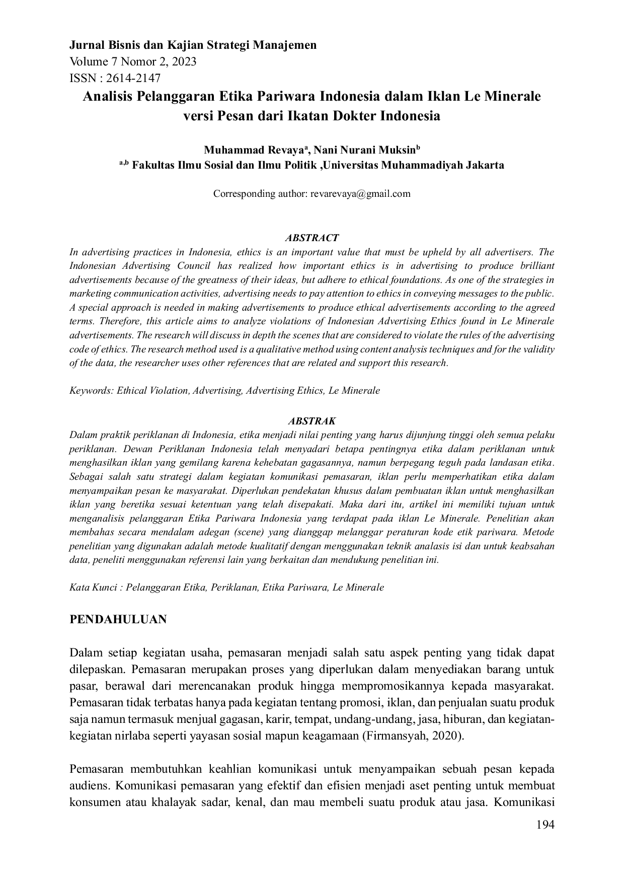 JURIS Analisis Pelanggaran Etika Pariwara Indonesia dalam Iklan Le Minerale versi Pesan dari Ikatan Dokter Indonesia