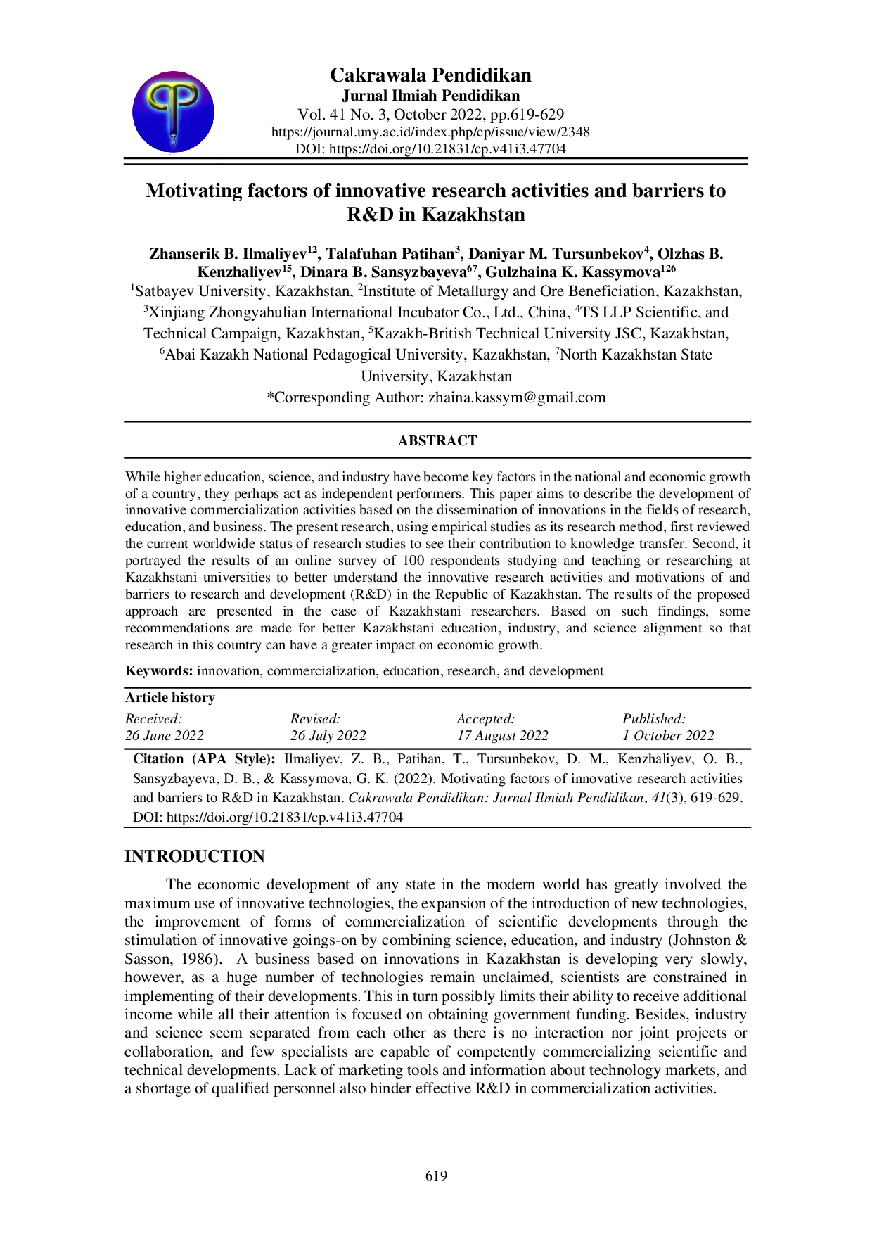 juris Motivating factors of innovative research activities and barriers to R D in Kazakhstan