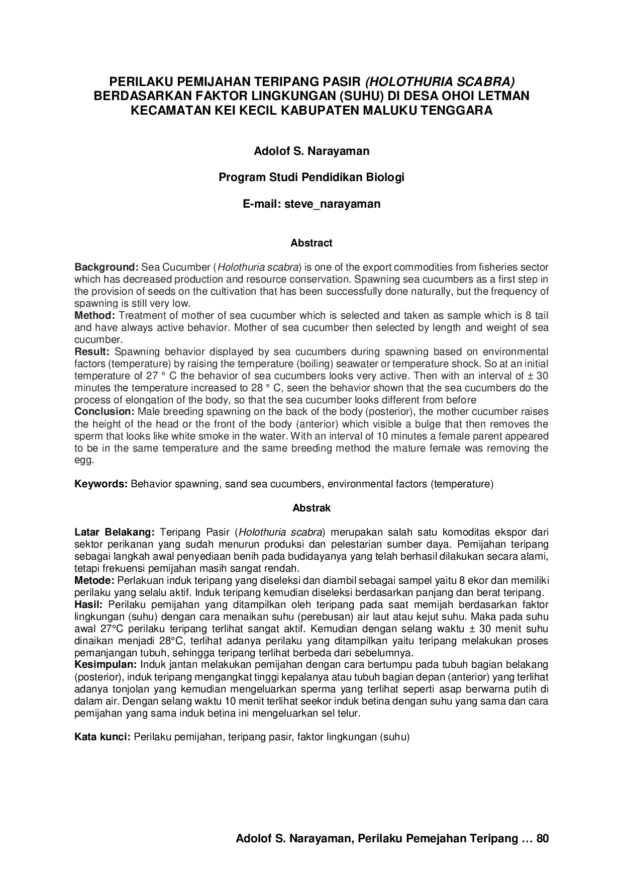 JURIS Perilaku Pemijahan Teripang Pasir Holothuria Scabra Berdasarkan Faktor Lingkungan Suhu Di Desa Ohoi Letman Kecamatan Kei Kecil Kabupaten Maluku Tenggara