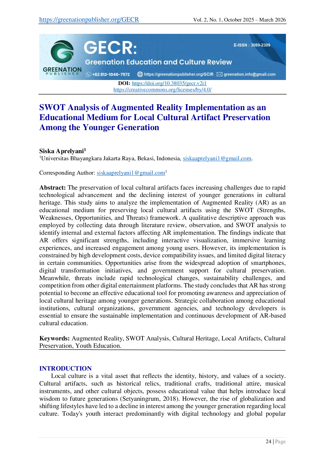 JURIS SWOT Analysis of Augmented Reality Implementation as an Educational Medium for Local Cultural Artifact Preservation Among the Younger Generation