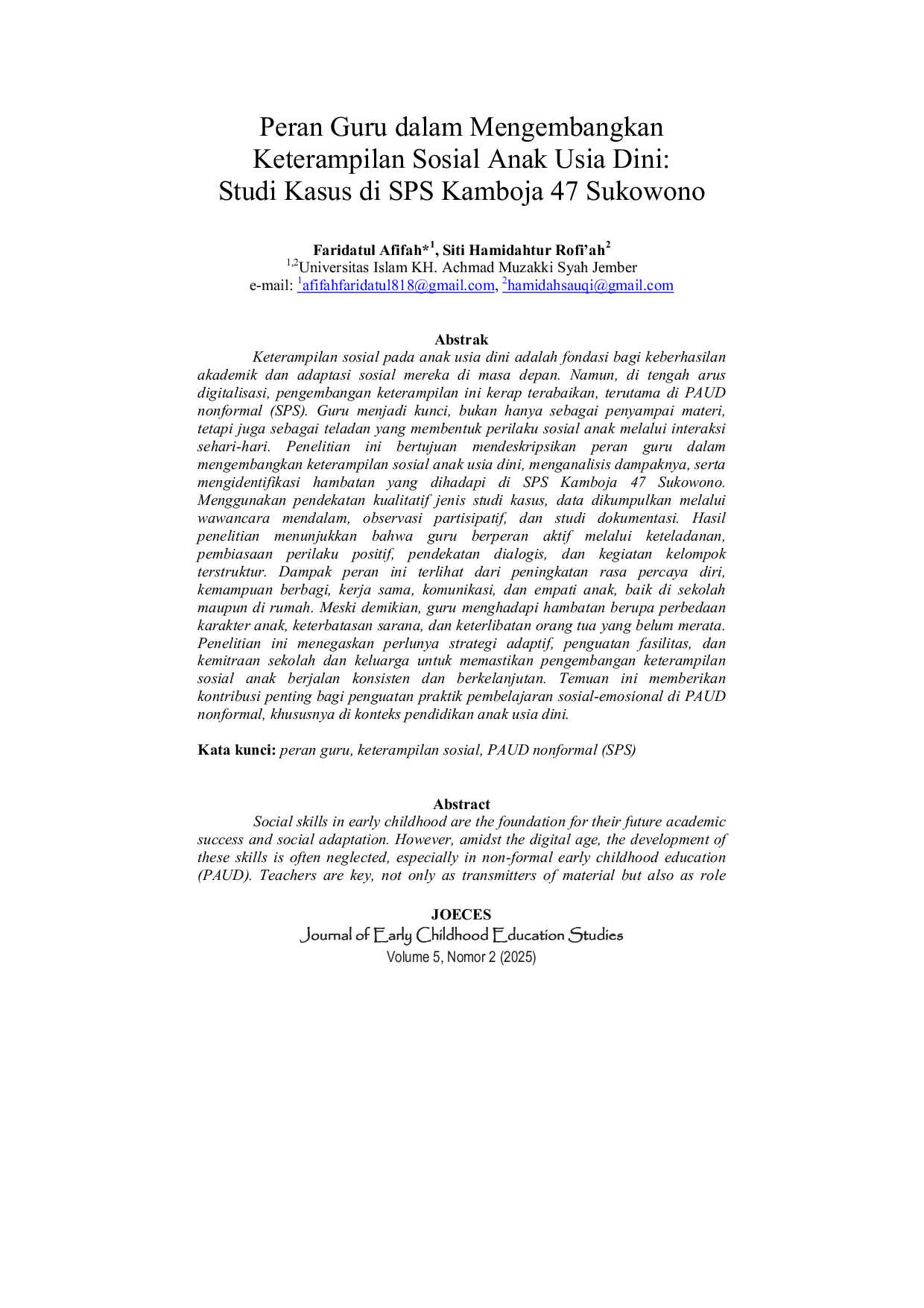 JURIS Peran Guru dalam Mengembangkan Keterampilan Sosial Anak Usia Dini Studi Kasus di SPS Kamboja 47 Sukowono
