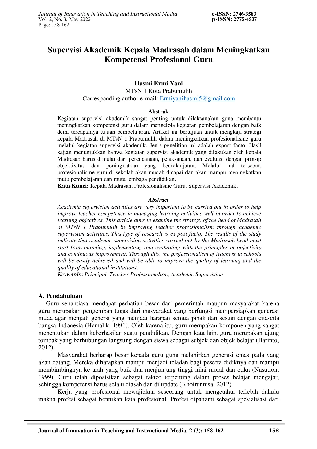 JURIS Supervisi Akademik Kepala Madrasah dalam Meningkatkan Kompetensi Profesional Guru