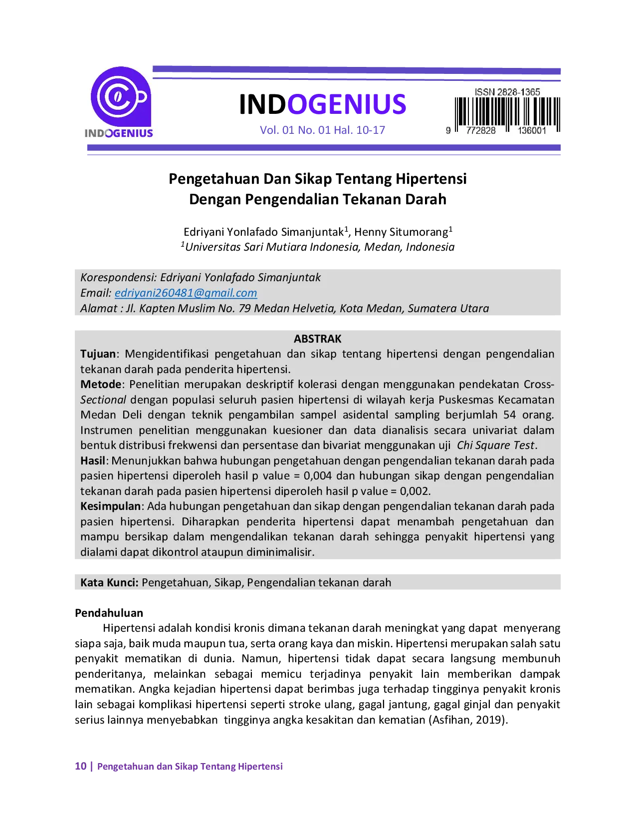 JURIS Pengetahuan Dan Sikap Tentang Hipertensi Dengan Pengendalian Tekanan Darah