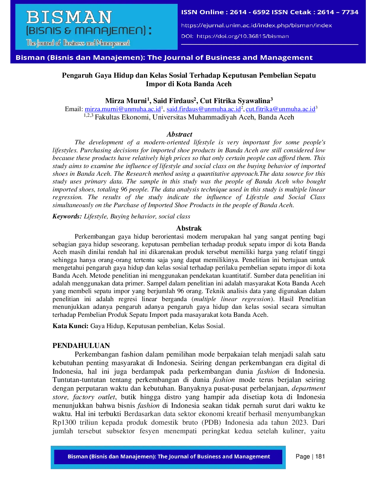 JURIS Pengaruh Gaya Hidup dan Kelas Sosial Terhadap Keputusan Pembelian Sepatu Impor di Kota Banda Aceh