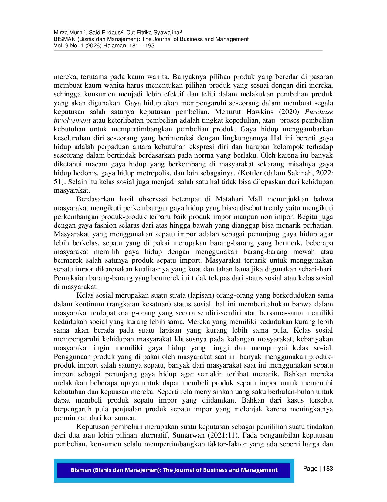 JURIS Pengaruh Gaya Hidup dan Kelas Sosial Terhadap Keputusan Pembelian Sepatu Impor di Kota Banda Aceh