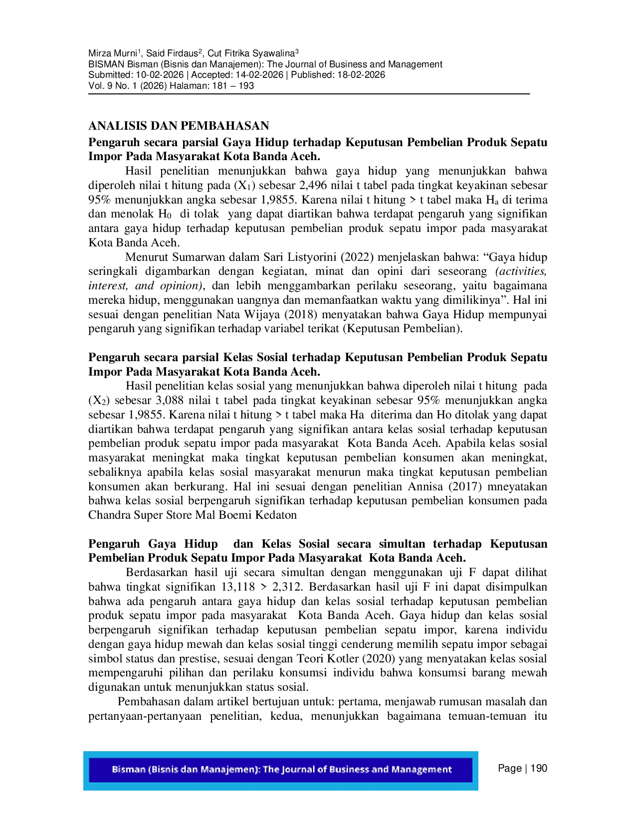 JURIS Pengaruh Gaya Hidup dan Kelas Sosial Terhadap Keputusan Pembelian Sepatu Impor di Kota Banda Aceh