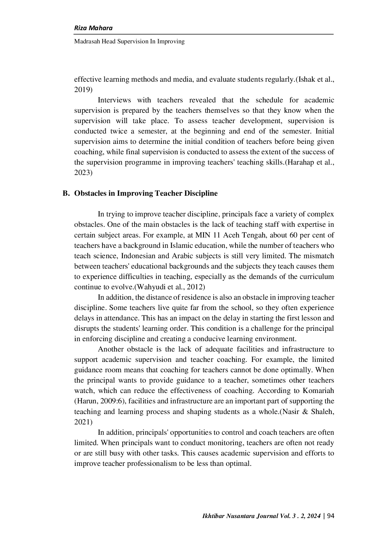 JURIS Madrasah Head Supervision in Improving Teacher Discipline at MIN 11 Aceh Tengah District