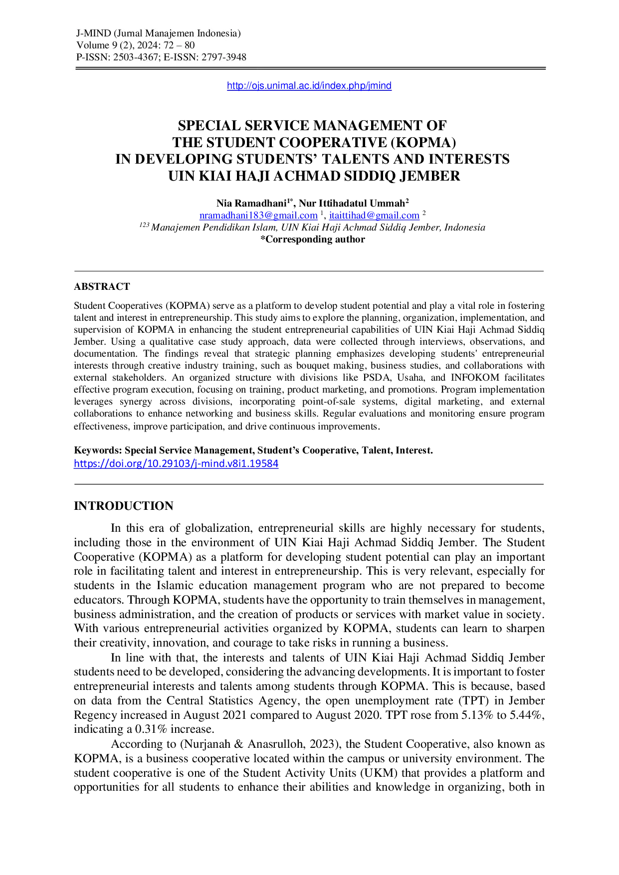 JURIS Special Service Management Of The Student Cooperative Kopma In Developing Students Talents And Interests