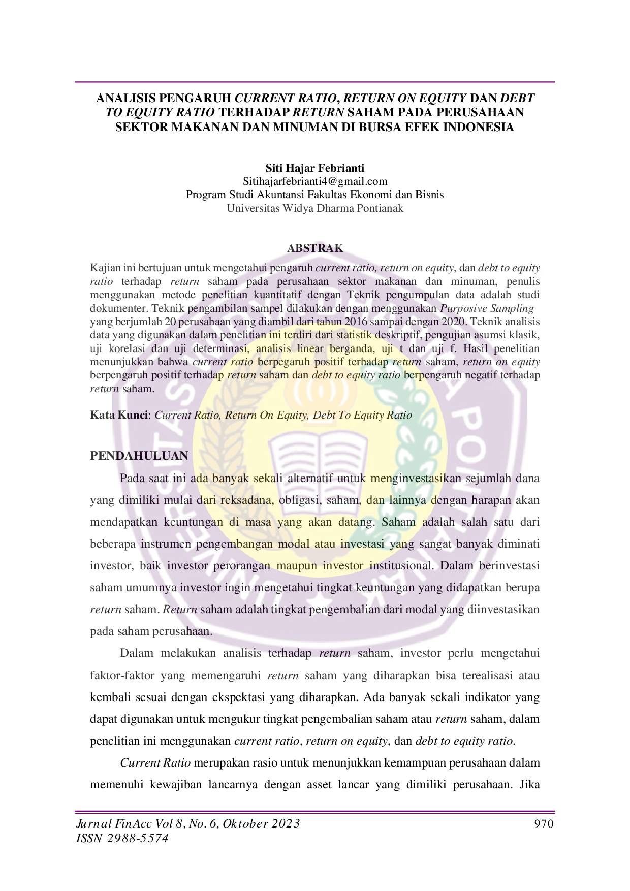 JURIS Analisis Pengaruh Current Ratio Return On Equity Dan Debt To Equity Ratio Terhadap Return Saham Pada Perusahaan Sektor Makanan Dan Minuman Di Bursa Efek Indonesia