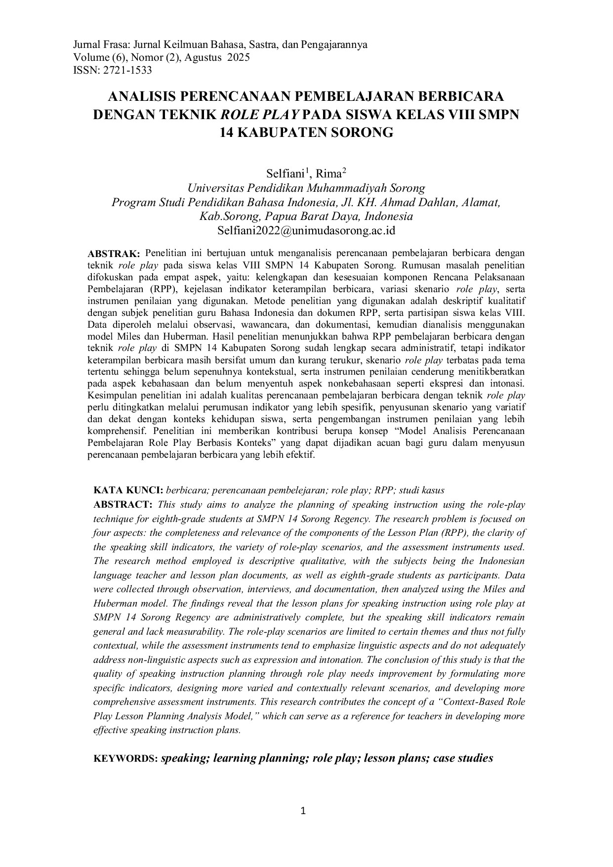 JURIS Analisis Perencanaan Pembelajaran Berbicara Dengan Teknik Role Play Pada Siswa Kelas VIII SMPN 14 Kabupaten Sorong