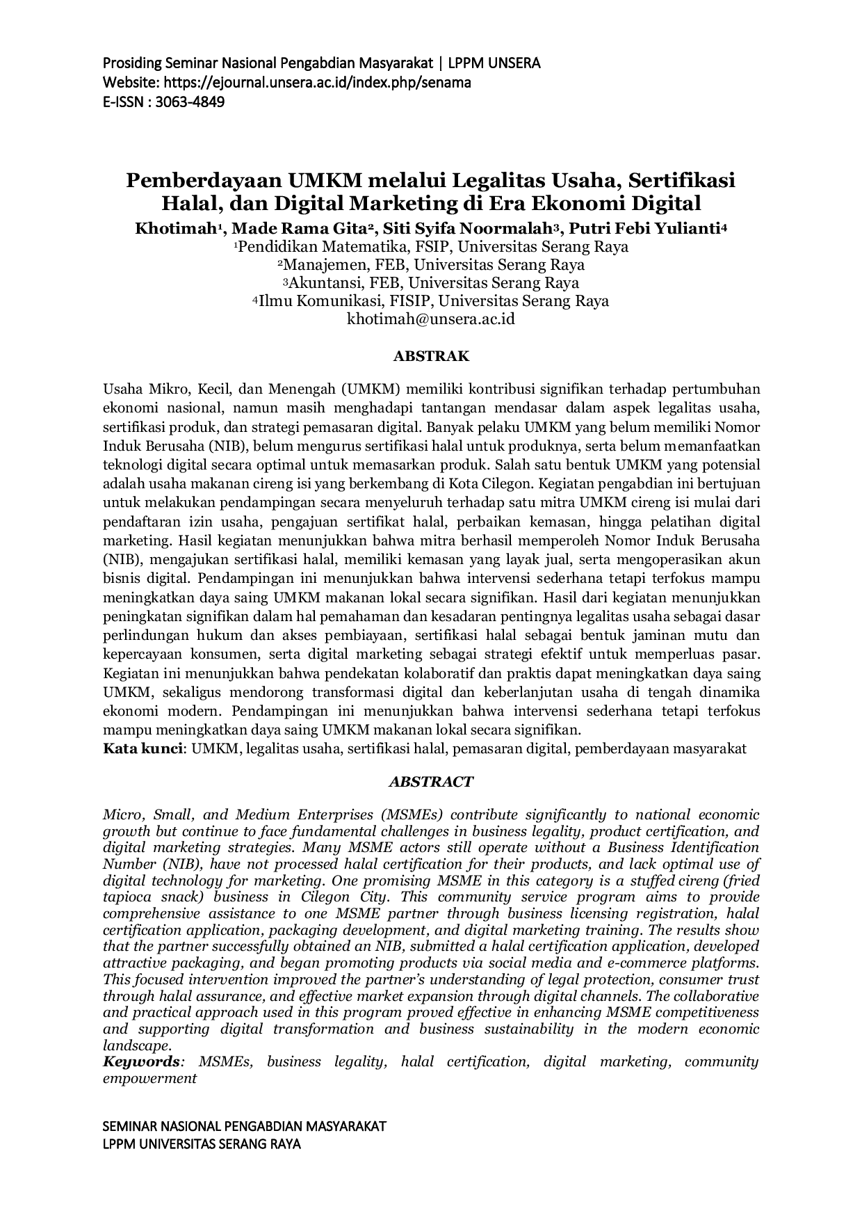 JURIS Pemberdayaan UMKM melalui Legalitas Usaha Sertifikasi Halal dan Digital Marketing di Era Ekonomi Digital