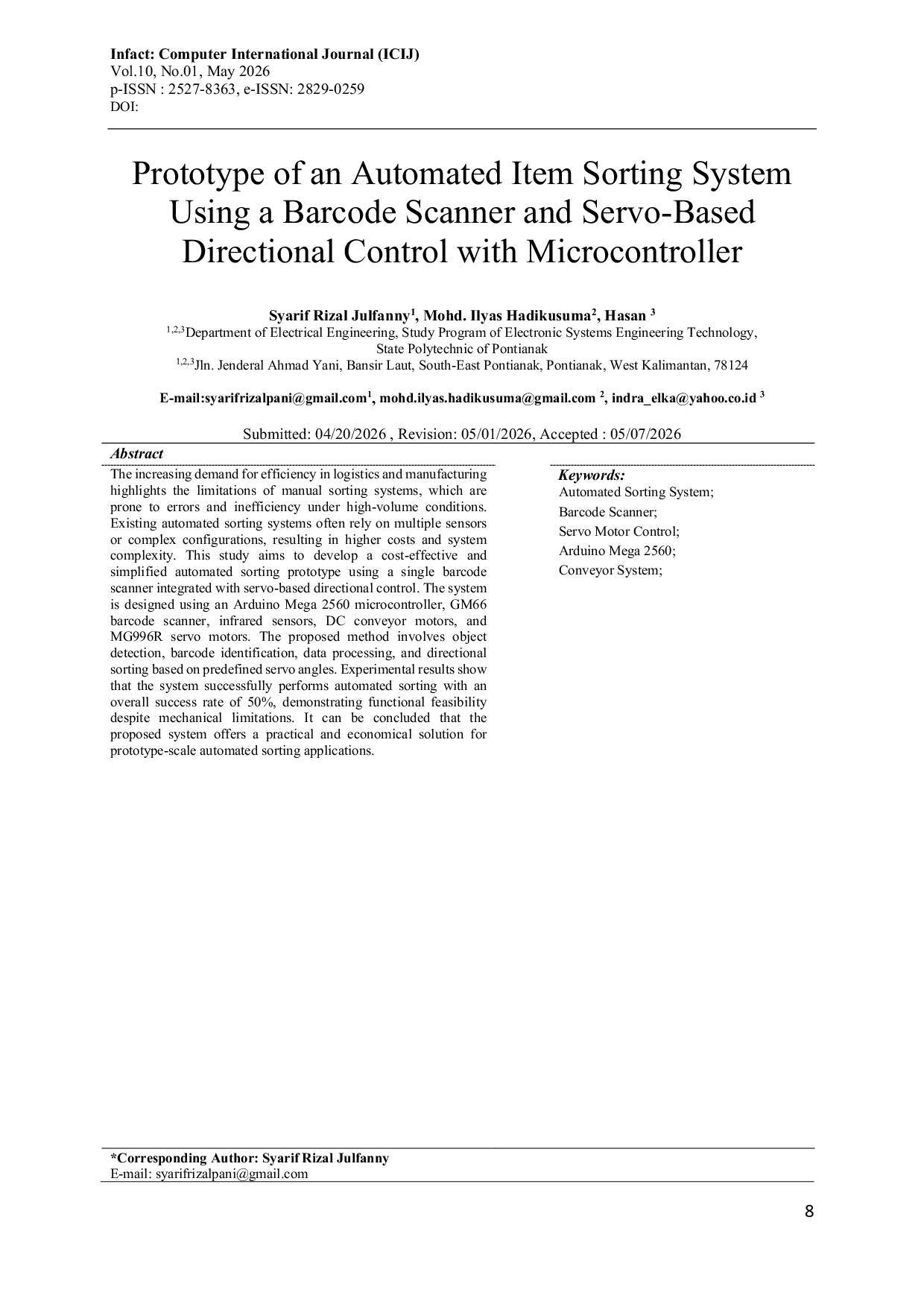 JURIS Prototype of an Automated Item Sorting System Using a Barcode Scanner and Servo Based Directional Control with Microcontroller