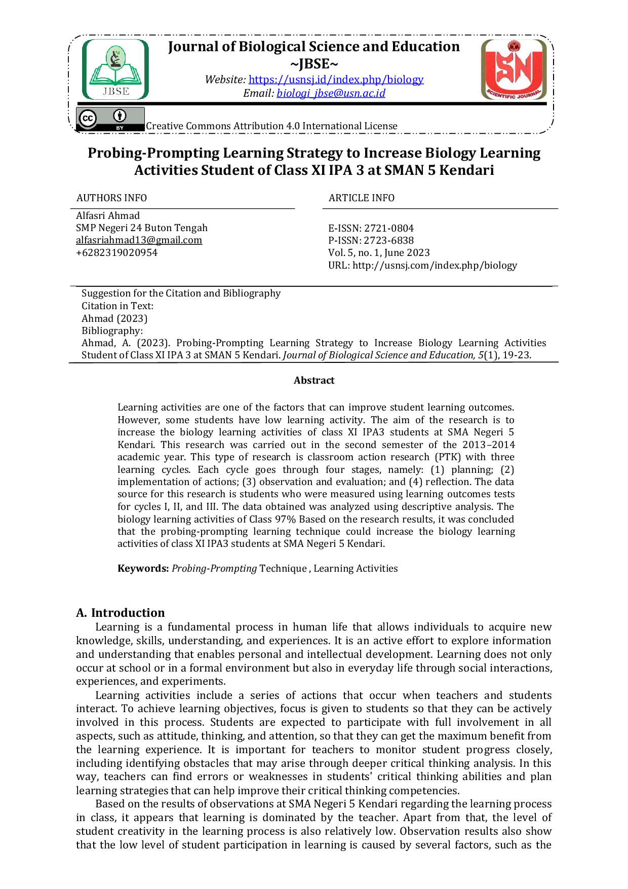 JURIS Probing Prompting Learning Strategy to Increase Biology Learning Activities Student of Class XI IPA 3 at SMAN 5 Kendari