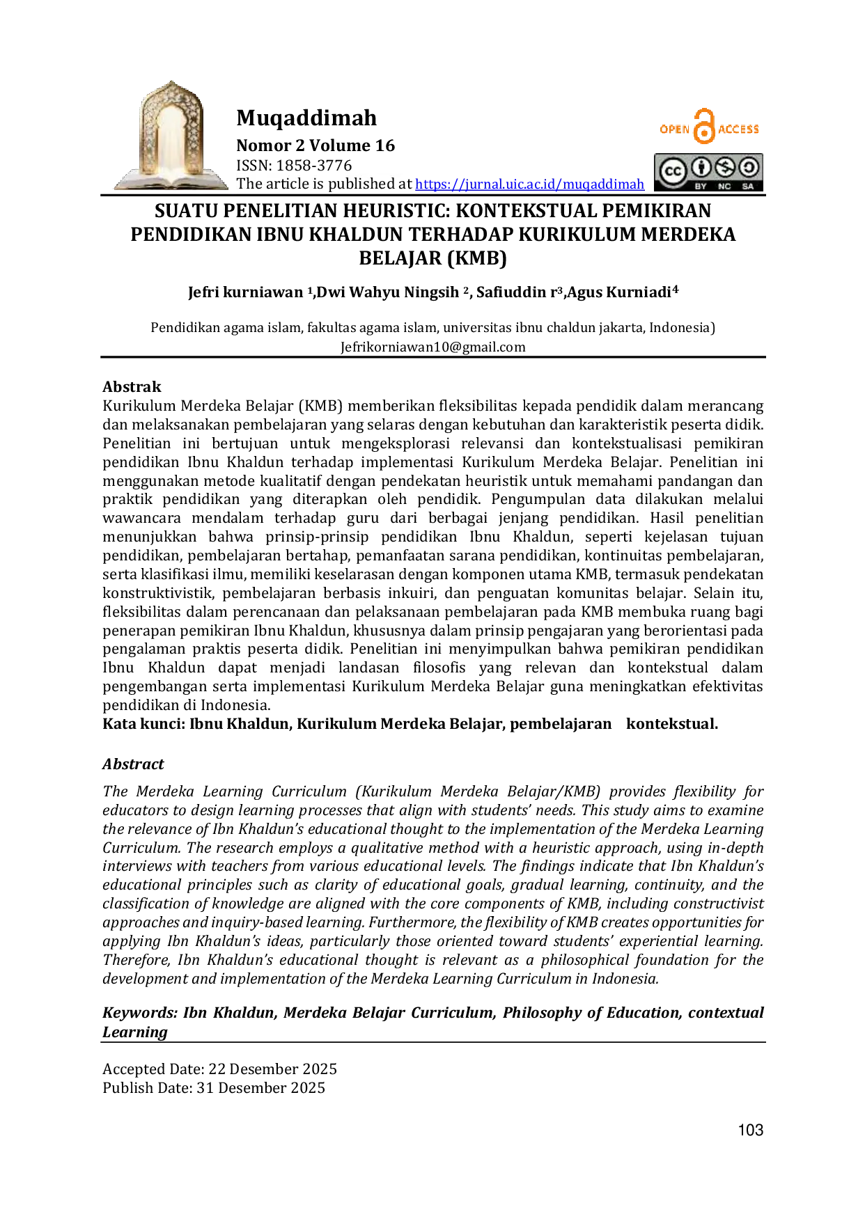 JURIS Suatu Penelitian Heuristik Kontekstualisasi Pemikiran Pendidikan Ibnu Khaldun Terhadap Kurikulum Merdeka Belajar KMB
