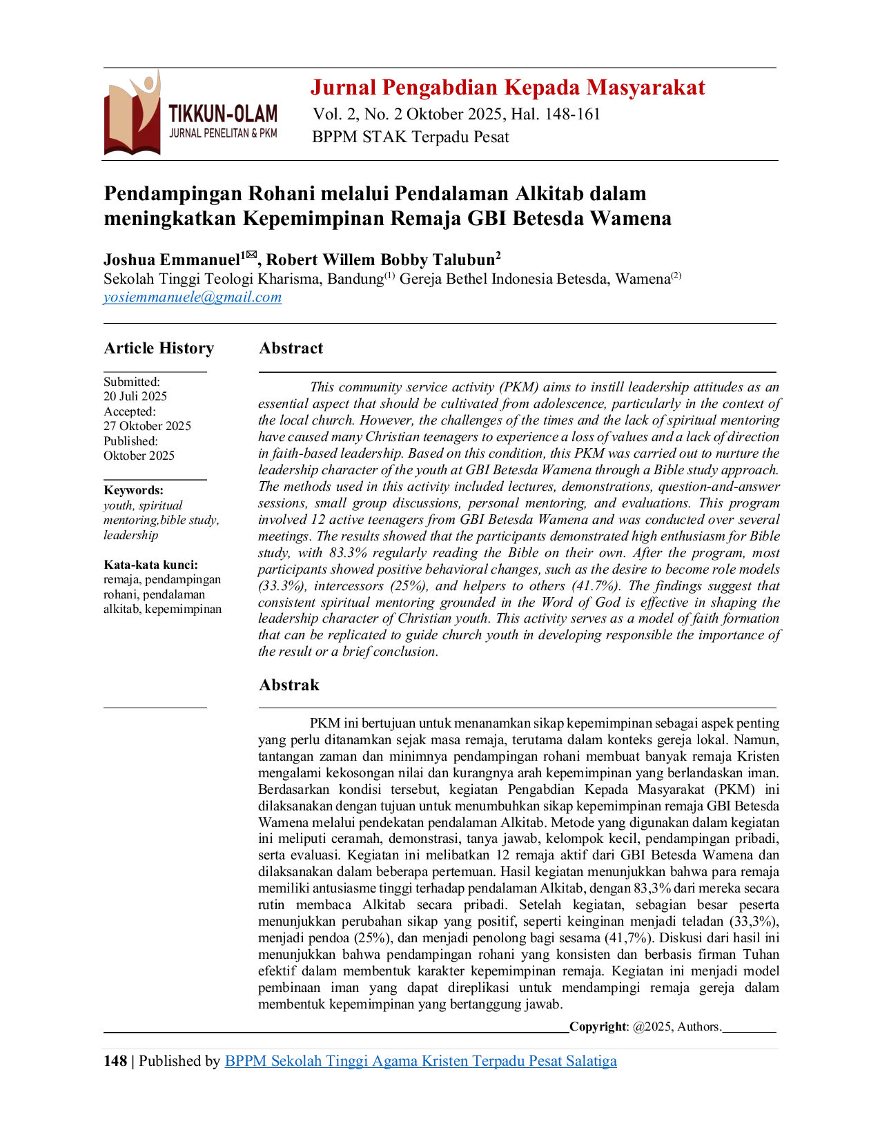 JURIS Pendampingan Rohani melalui Pendalaman Alkitab dalam meningkatkan Kepemimpinan Remaja GBI Betesda Wamena