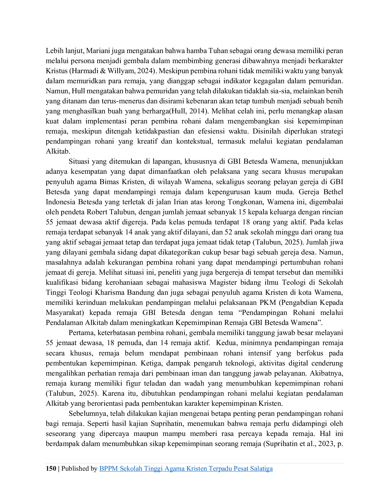 JURIS Pendampingan Rohani melalui Pendalaman Alkitab dalam meningkatkan Kepemimpinan Remaja GBI Betesda Wamena
