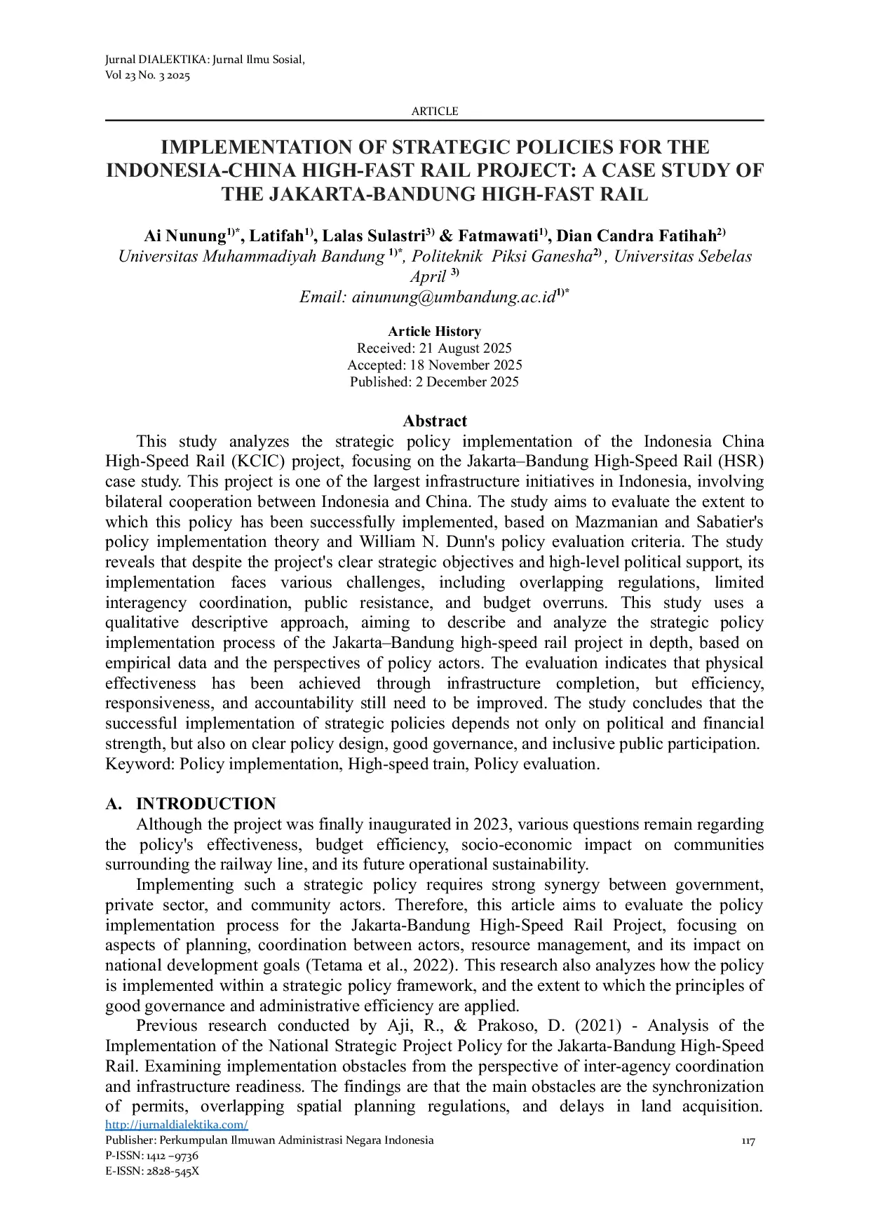 JURIS Implementation of Strategic Policies for the Indonesia China High Fast Rail Project A Case Study of the Jakarta Bandung High Fast Rail