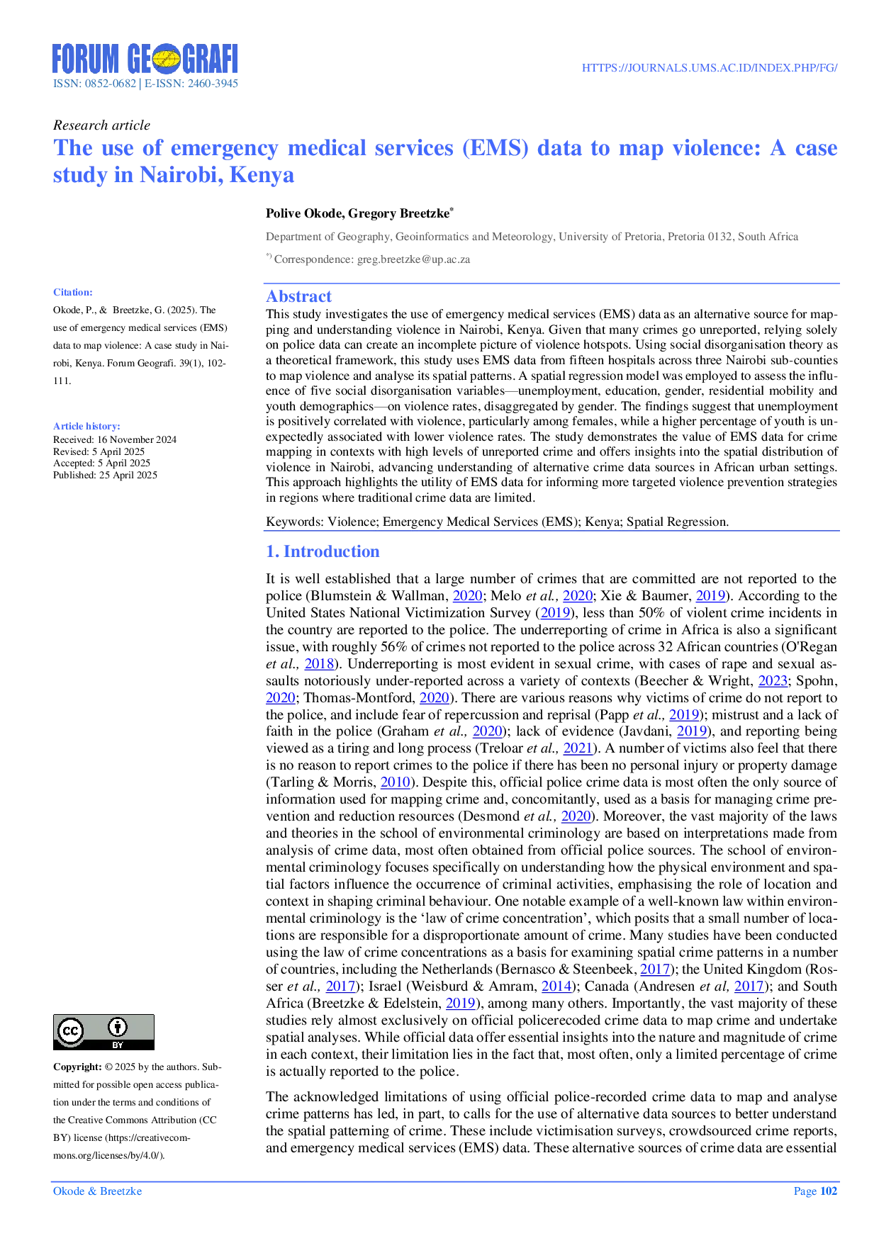 JURIS The use of emergency medical services EMS data to map violence A case study in Nairobi Kenya