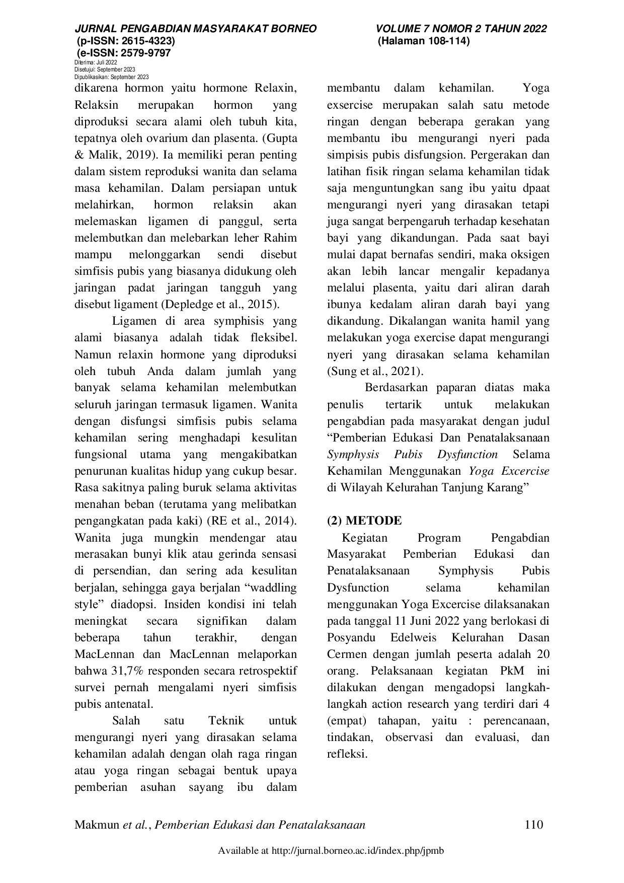 JURIS Pemberian Edukasi Dan Penatalaksanaan Symphysis Pubis Dysfunction Selama Kehamilan Menggunakan Yoga Exercise