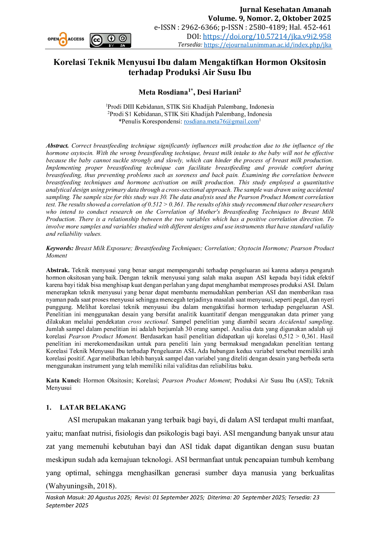 JURIS Korelasi Teknik Menyusui Ibu dalam Mengaktifkan Hormon Oksitosin terhadap Produksi Air Susu Ibu
