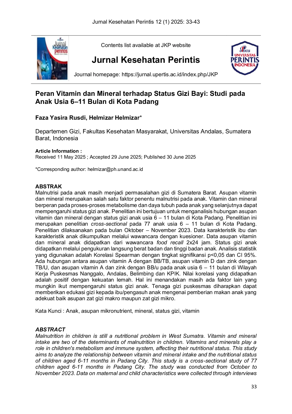 JURIS Peran Vitamin dan Mineral terhadap Status Gizi Bayi Studi pada Anak Usia 6 11 Bulan di Kota Padang
