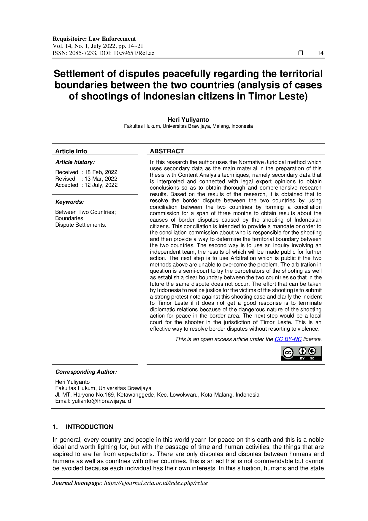 JURIS Settlement of Disputes Peacefully Regarding the Territorial Boundaries Between the Two Countries Analysis of Cases of Shootings of Indonesian Citizens in Timor Leste