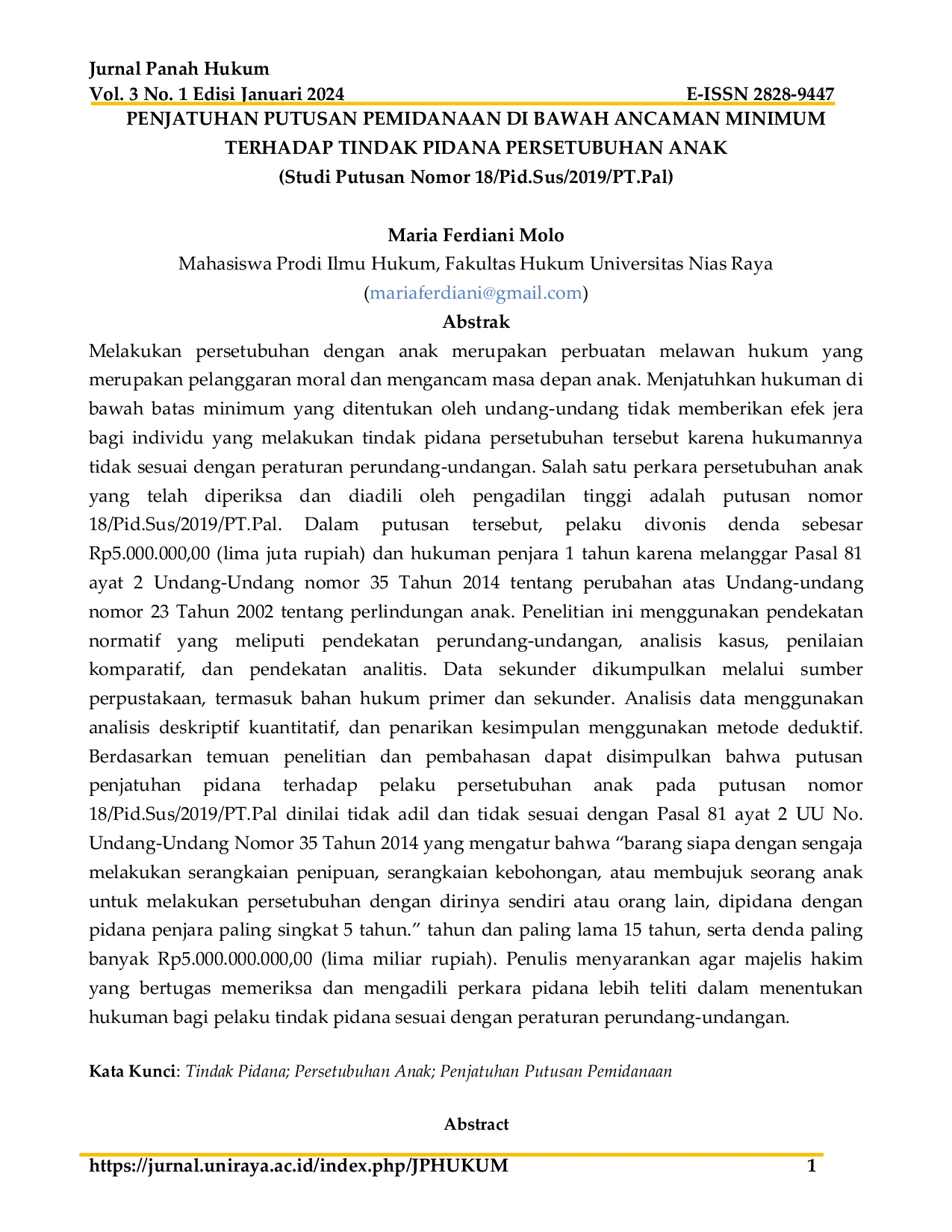 JURIS Penjatuhan Putusan Pemidanaan di Bawah Ancaman Minimum terhadap Tindak Pidana Persetubuhan Anak