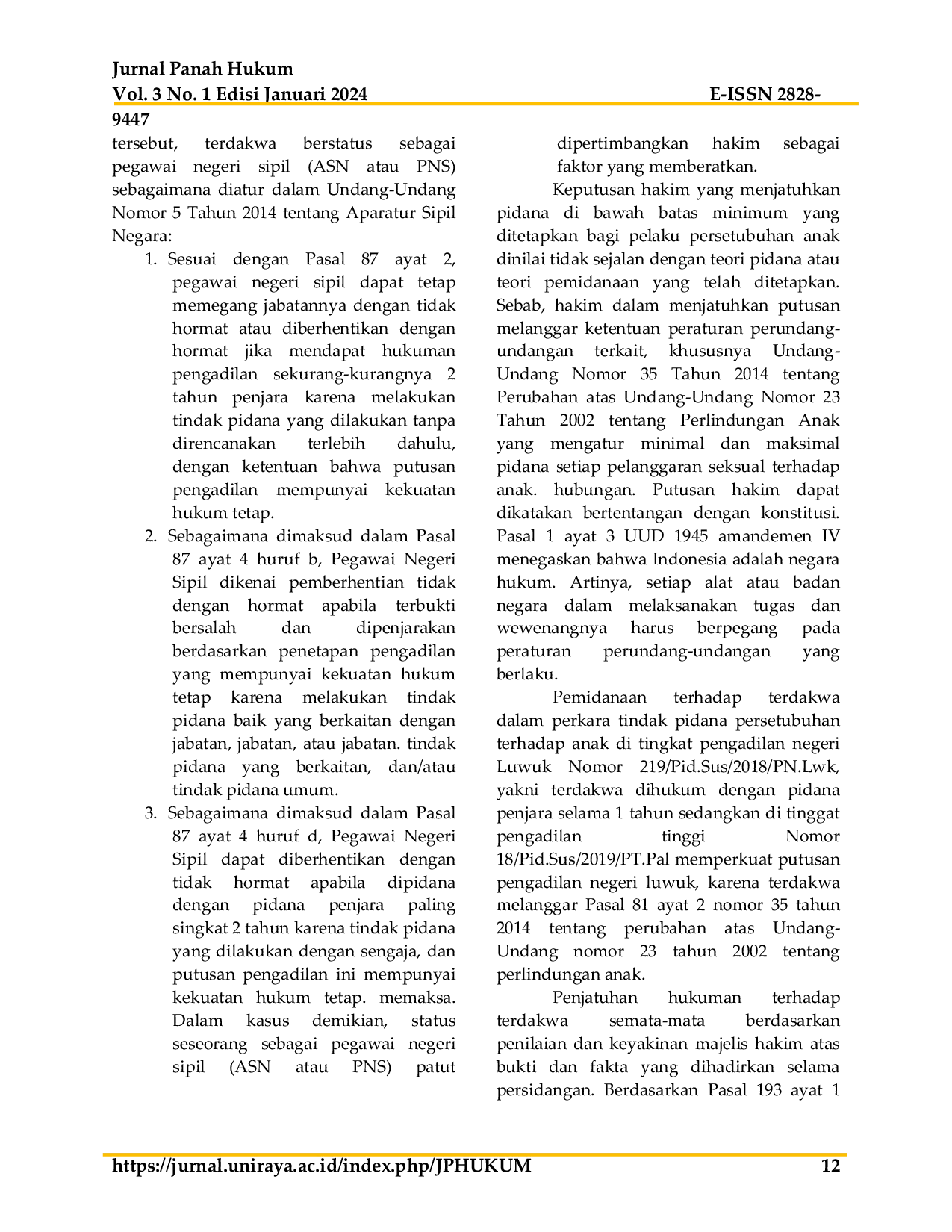 JURIS Penjatuhan Putusan Pemidanaan di Bawah Ancaman Minimum terhadap Tindak Pidana Persetubuhan Anak