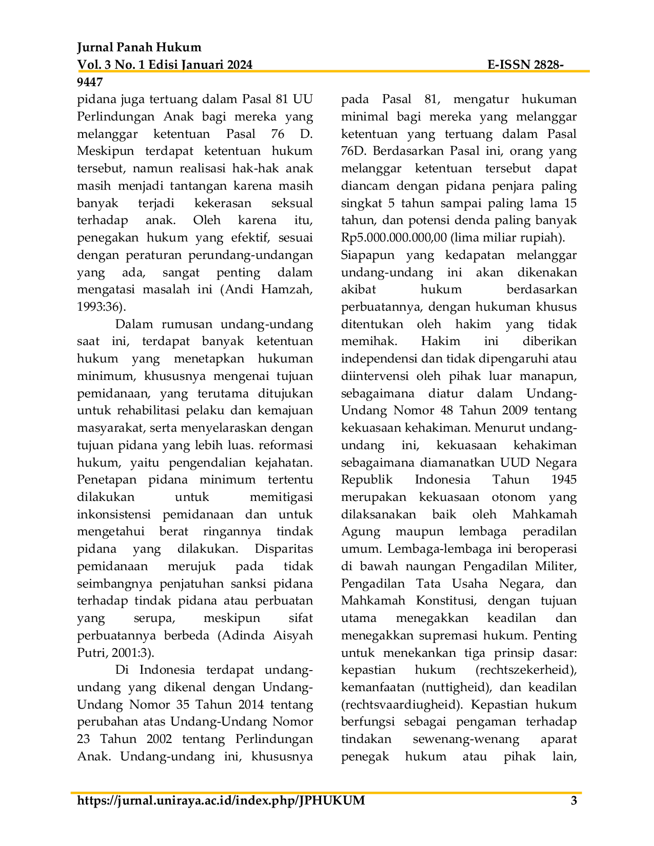 JURIS Penjatuhan Putusan Pemidanaan di Bawah Ancaman Minimum terhadap Tindak Pidana Persetubuhan Anak