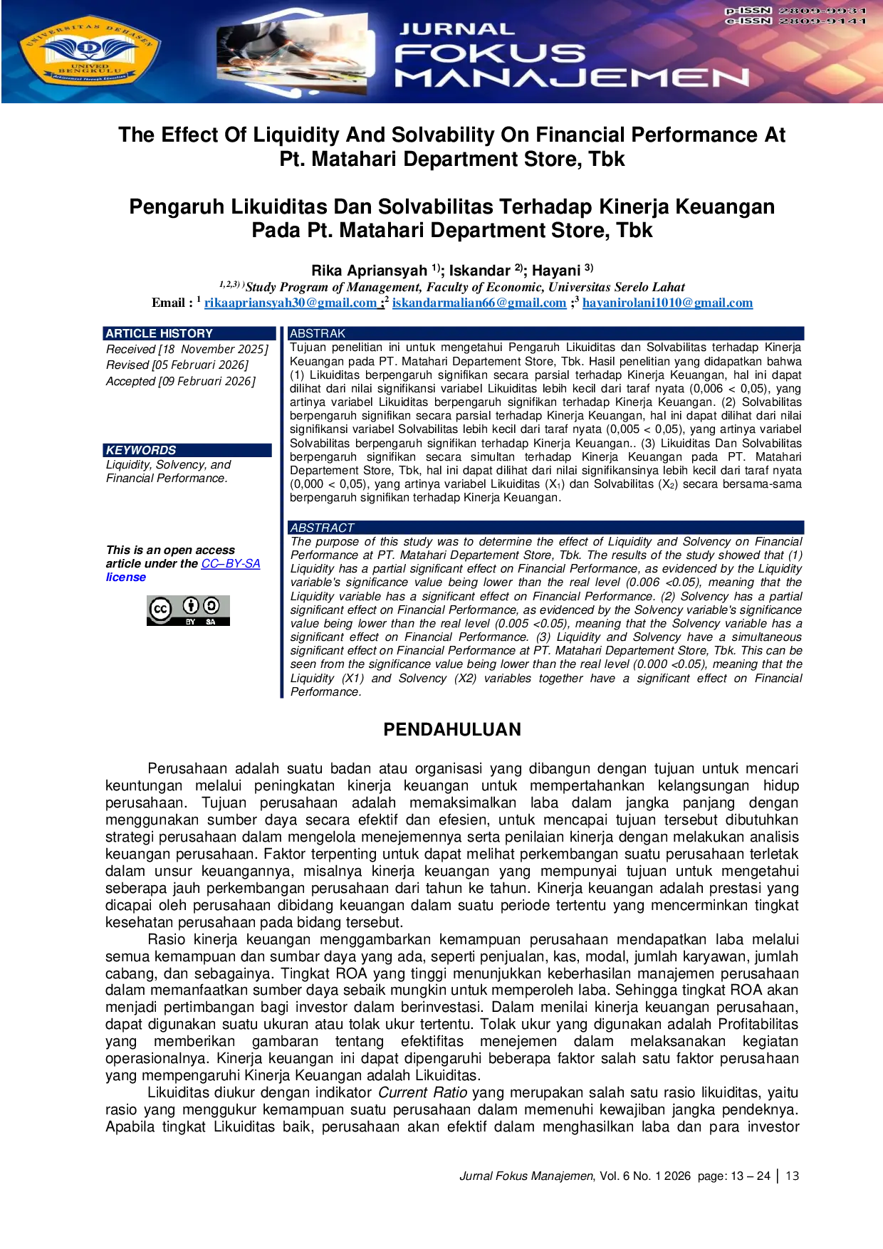 JURIS The Effect Of Liquidity And Solvability On Financial Performance At Pt Matahari Department Store Tbk