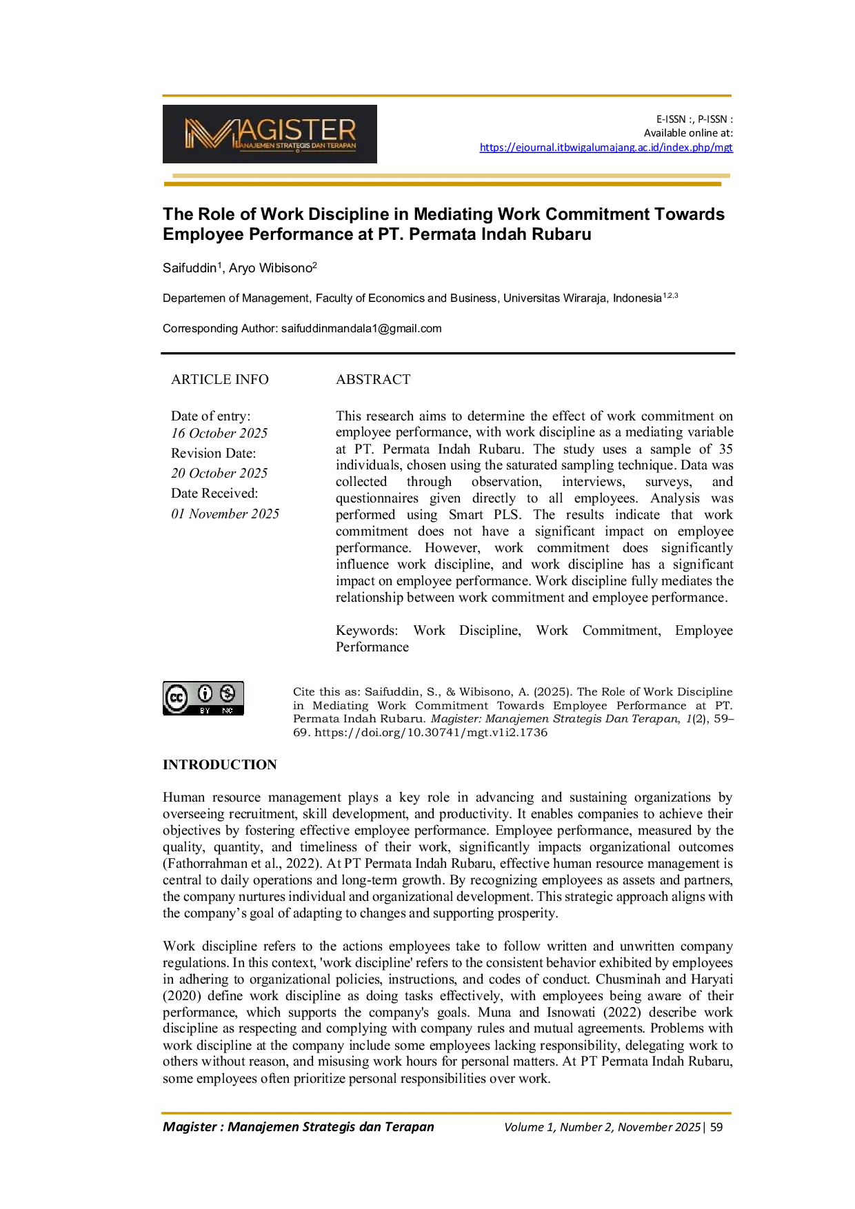 JURIS The Role of Work Discipline in Mediating Work Commitment Towards Employee Performance at PT Permata Indah Rubaru