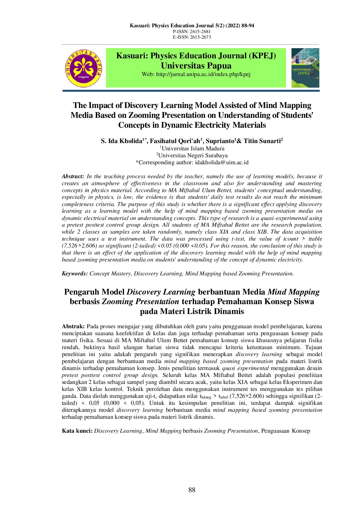 JURIS The Impact of Discovery Learning Model Assisted of Mind Mapping Media Based on Zooming Presentation on Understanding of Students Concepts in Dynamic Electricity Materials