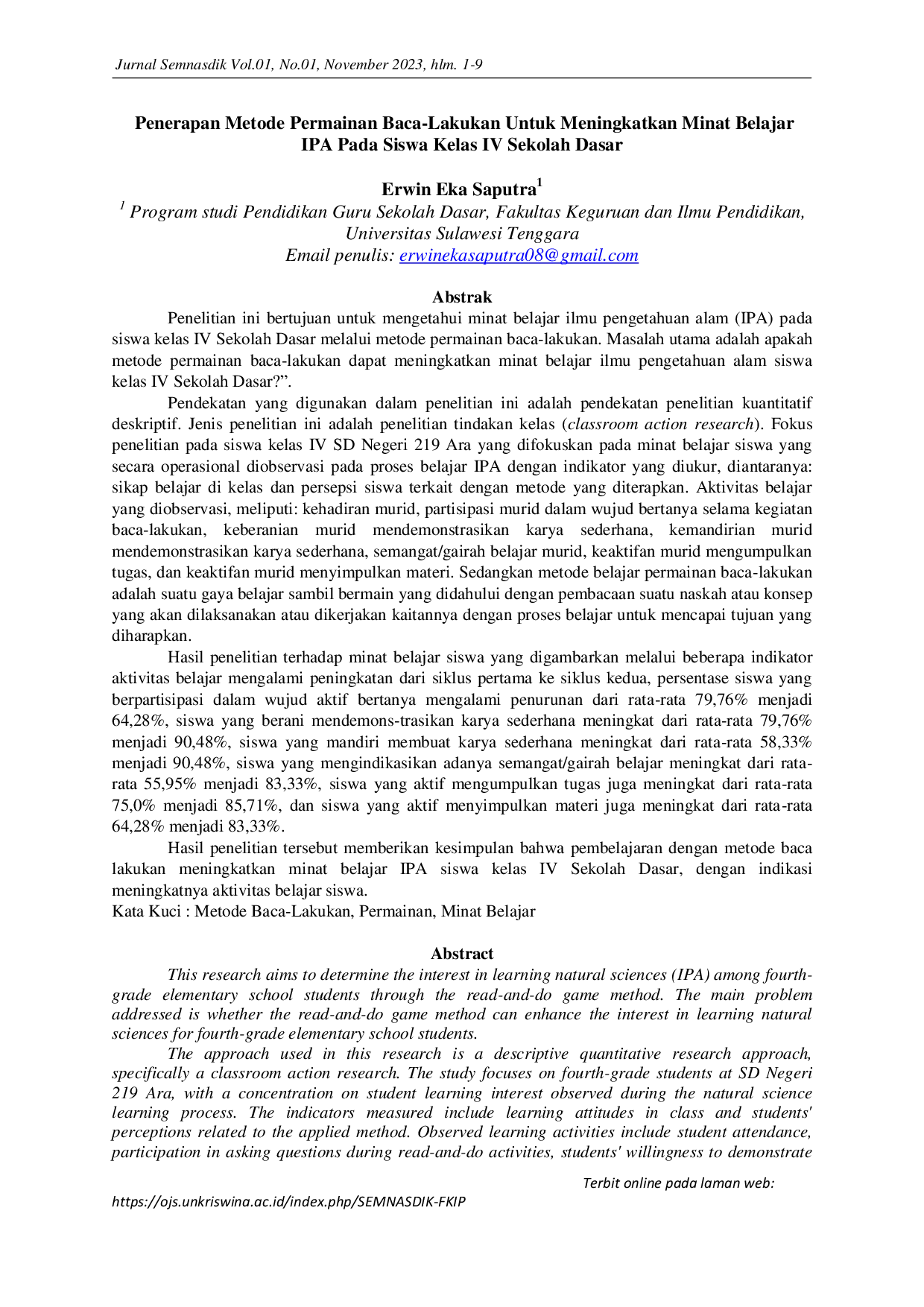 JURIS Penerapan Metode Permainan Baca Lakukan Untuk Meningkatkan Minat Belajar IPA Pada Siswa Kelas IV Sekolah Dasar