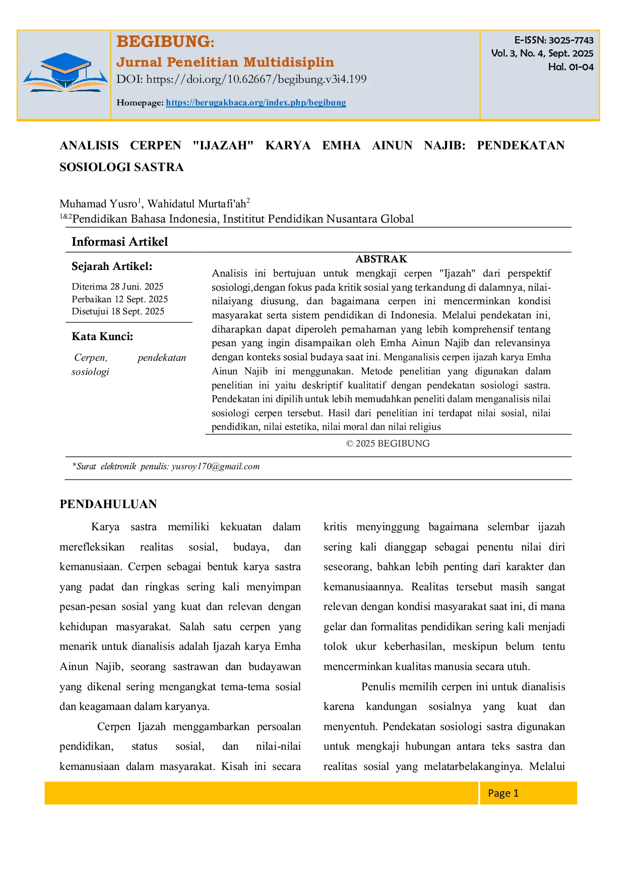 JURIS Analisis Cerpen Ijazah Karya Emha Ainun Najib Pendekatan Sosiologi Sastra