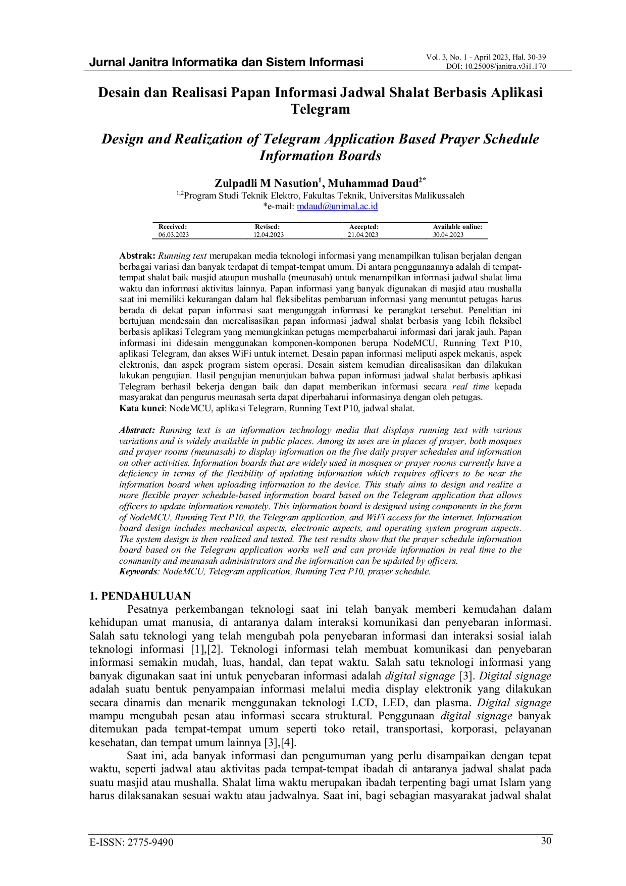 JURIS Desain dan Realisasi Papan Informasi Jadwal Shalat Berbasis Aplikasi Telegram