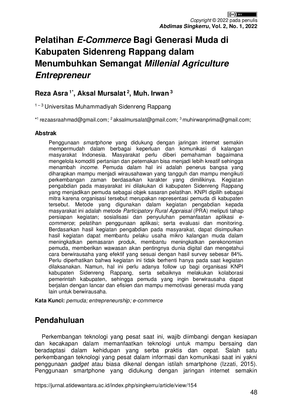 JURIS Pelatihan E Commerce Bagi Generasi Muda di Kabupaten Sidenreng Rappang dalam Menumbuhkan Semangat Millenial Agriculture Entrepreneur