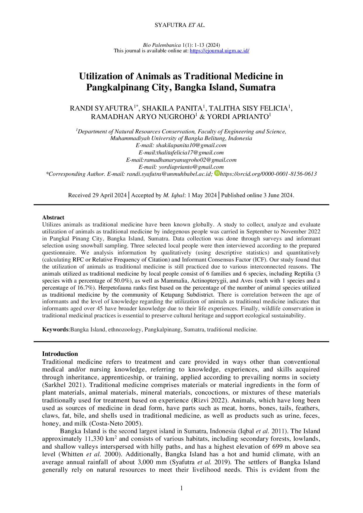 JURIS Utilization of Animals as Traditional Medicine in Pangkalpinang City Bangka Island Sumatra