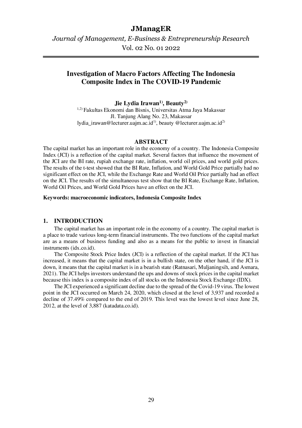 JURIS Investigation of Macro Factors Affecting The Indonesia Composite Index in The COVID 19 Pandemic