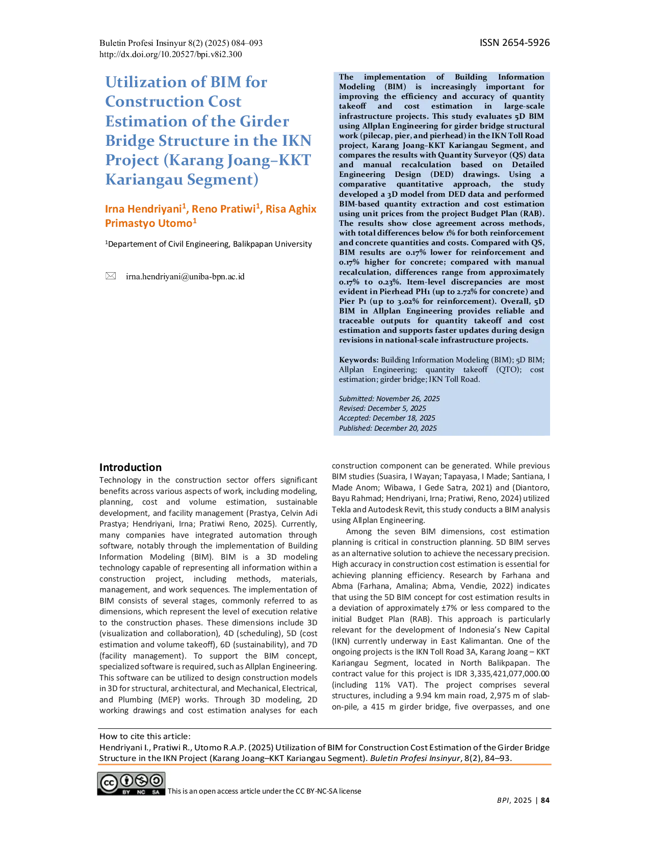 JURIS Utilization of BIM for Construction Cost Estimation of the Girder Bridge Structure in the IKN Project Karang Joang KKT Kariangau Segment