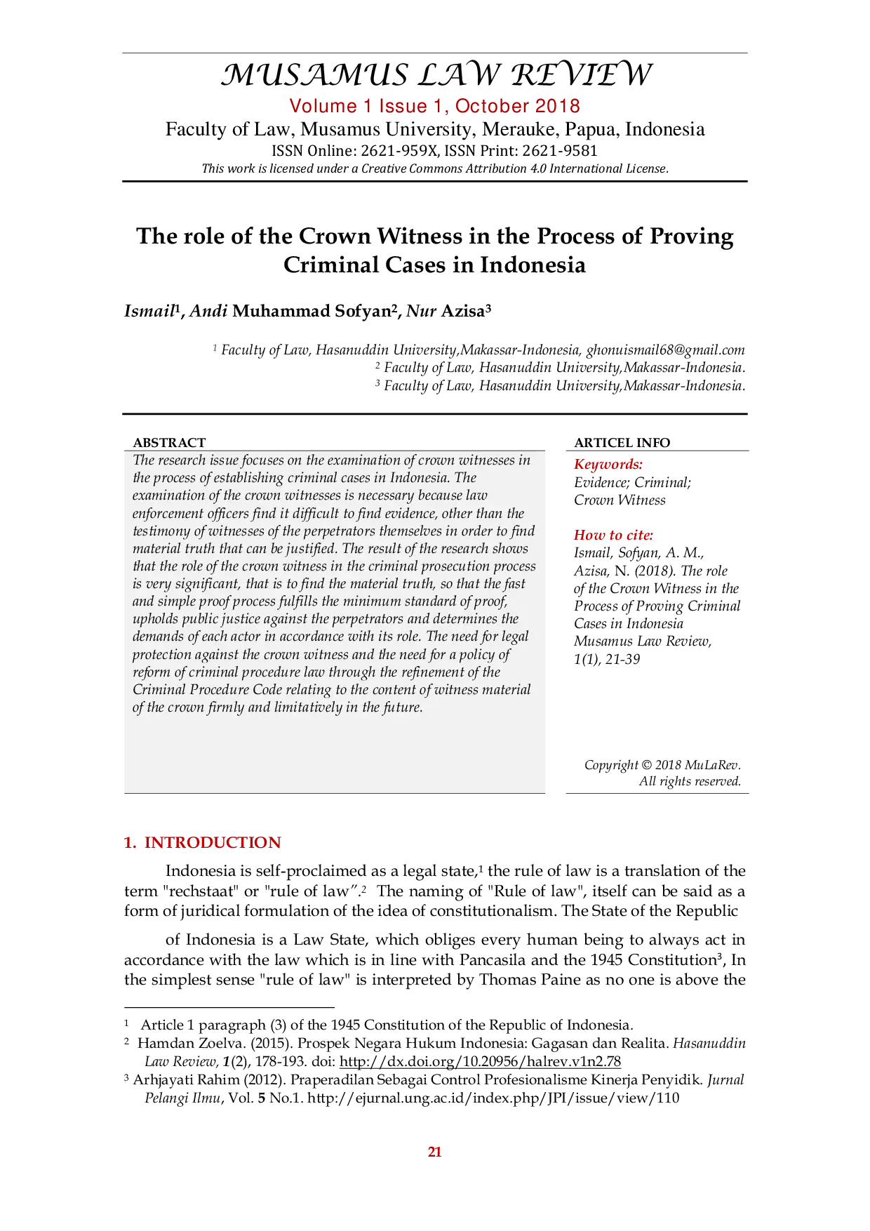 JURIS The Role of the Crown Witness in the Process of Proving Criminal Cases in Indonesia