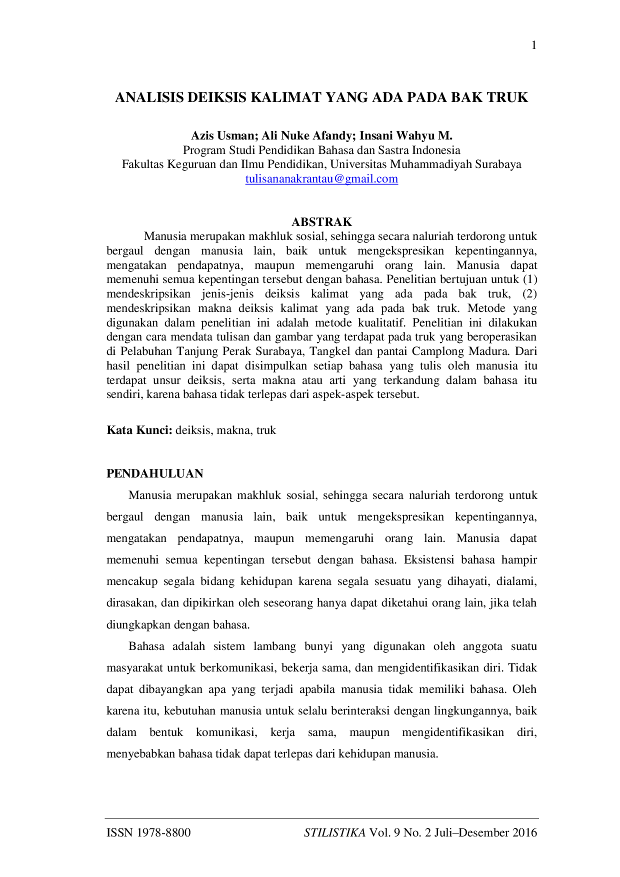 JURIS Analisis Deiksis Kalimat yang Ada pada Bak Truk